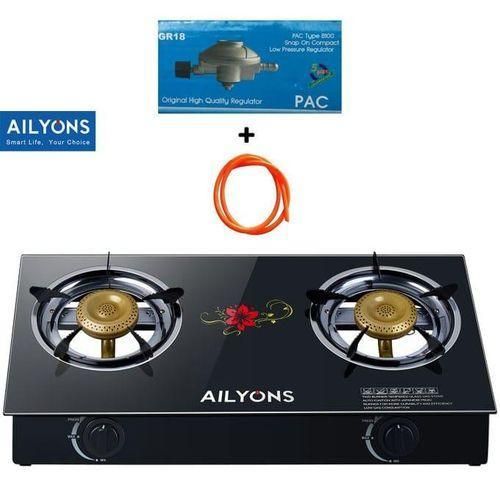 AILYONS Auto ignition 2 Burner Glass Table Top + 1MPipe + 6KG Regulator