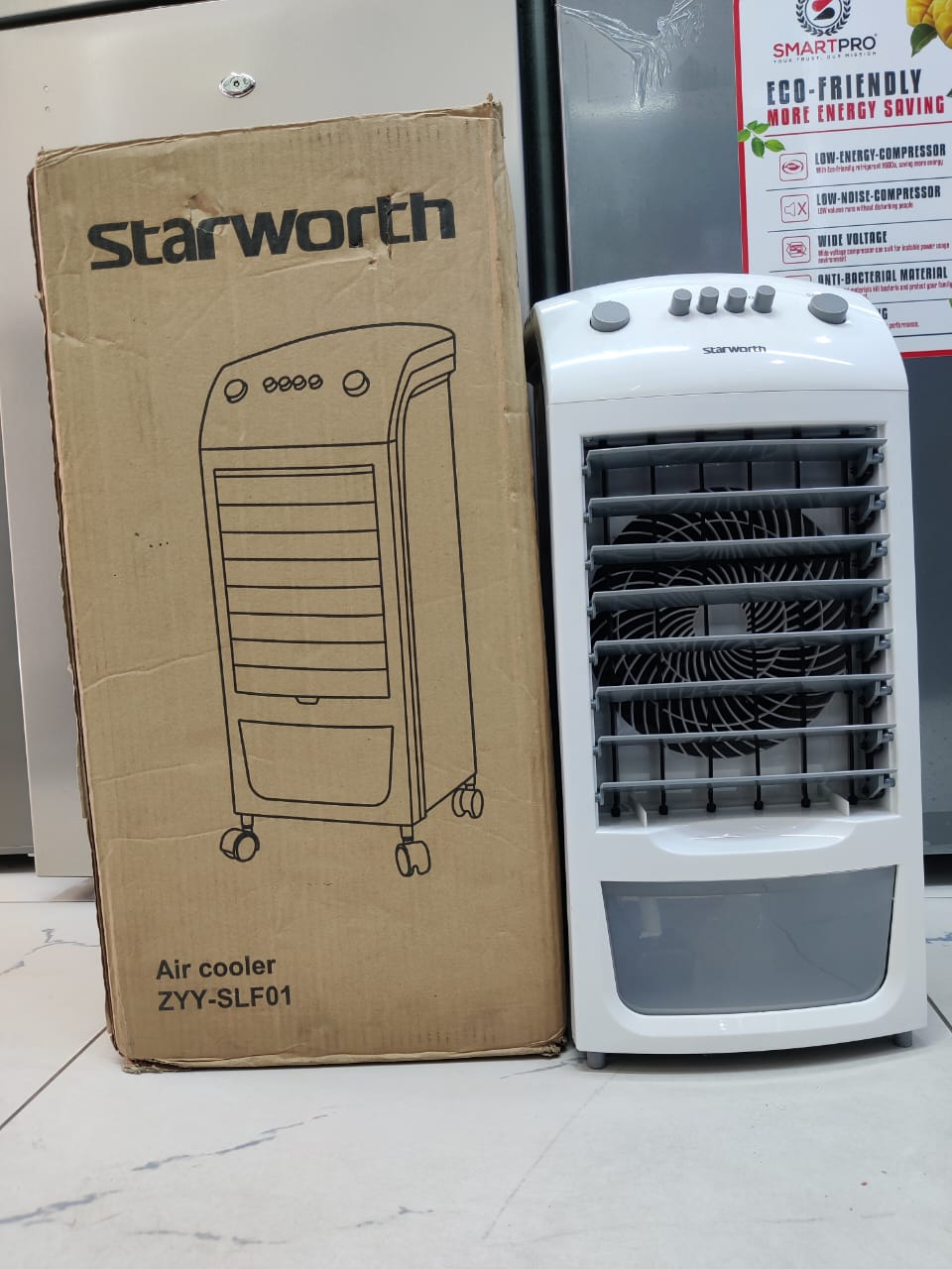 Starworth air cooler, model number ZYY-SLF01. This is a compact and efficient appliance designed to provide cooling without the high energy consumption of traditional air conditioning units. 
Here is