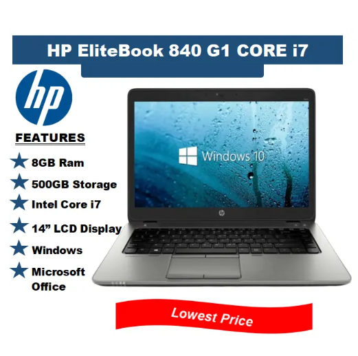 (i7+8GB+500GB+14") Hp Elitebook 840 G1 Laptop Intel Core i7 8GB RAM + 500GB HDD ROM Storage Windows Office Refurbished Notebook Silver 14 inch FHD Display Laptops Computer