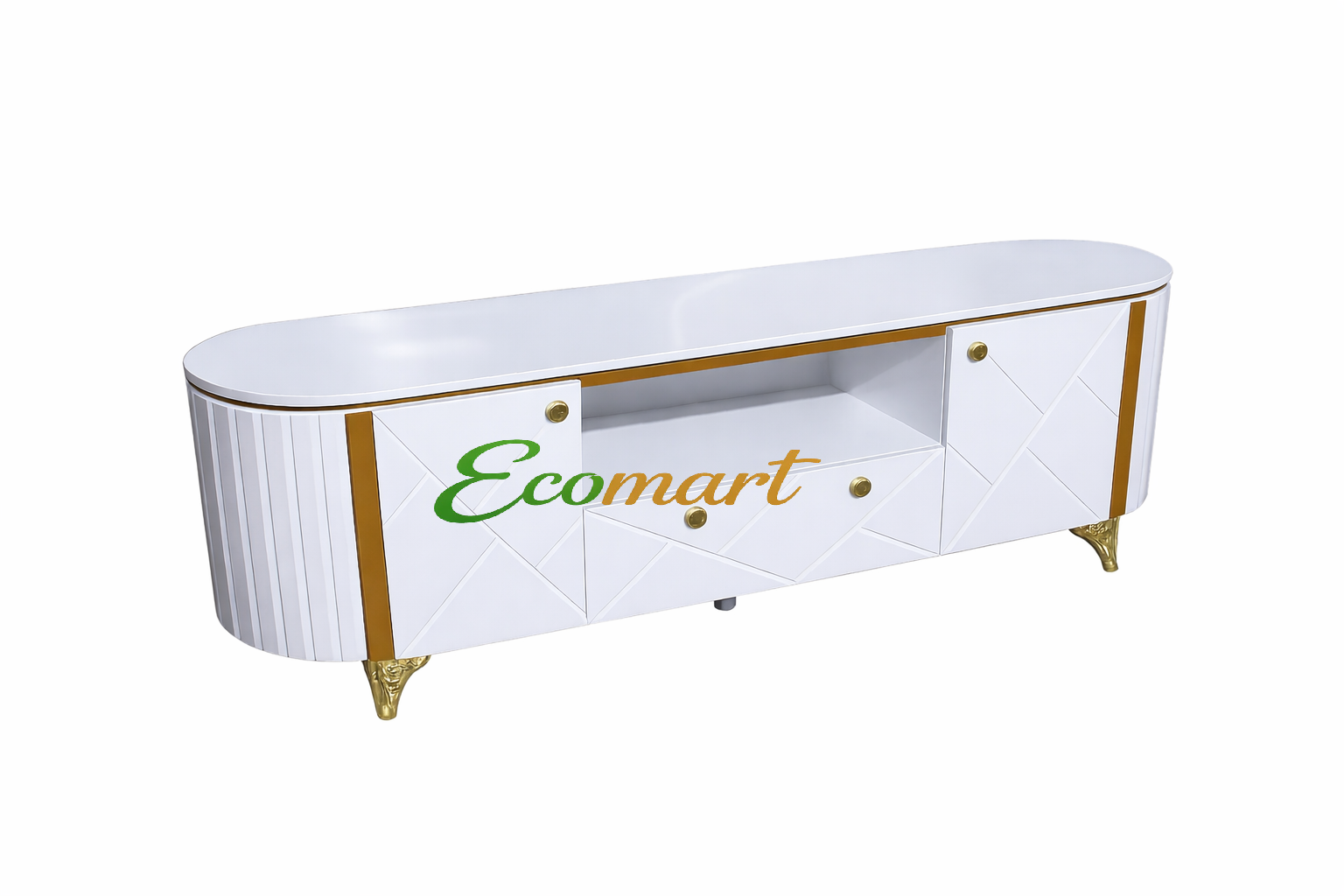 ON OFFER! Oval TV Stand  Wooden with Marble Top With LED Lights Can Fit upto 55 Inch TV High Quality TV Stands Stylish Classic and Durable