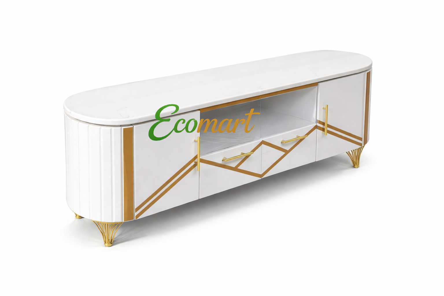 ON OFFER! Oval TV Stand  Wooden with Marble Top With LED Lights Can Fit upto 55 Inch TV High Quality TV Stands Stylish Classic and Durable