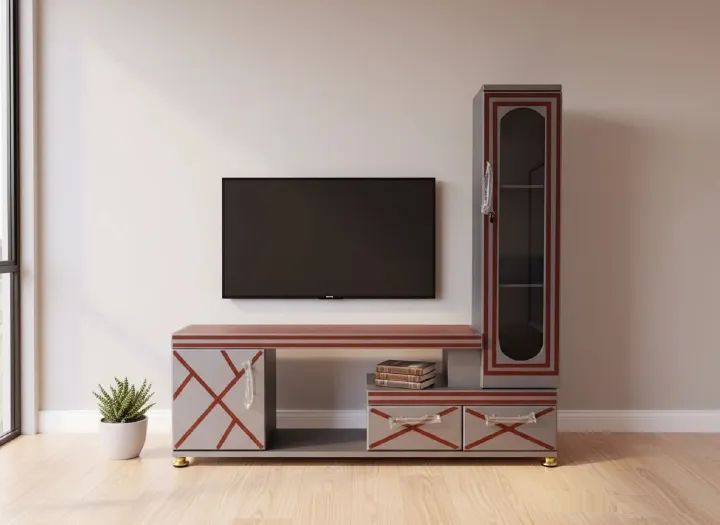 Modern TV Stand 5FTS With Decor Stand Wooden with cabinets for storage PLUS Free 4-Way Extension Cable