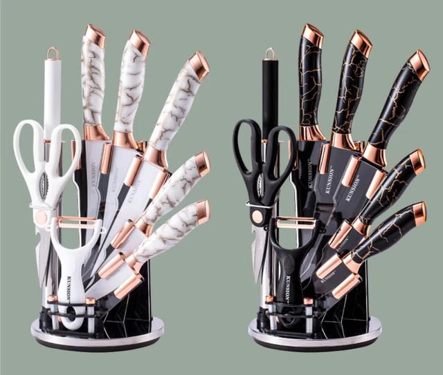 9 pcs marble knive set,Professional Kitchen Knife Set – 9pcs Calcutta Marble Kitchen Knives – 360 Degree Rotating Knife Block Sharp Stainless Steel Blades