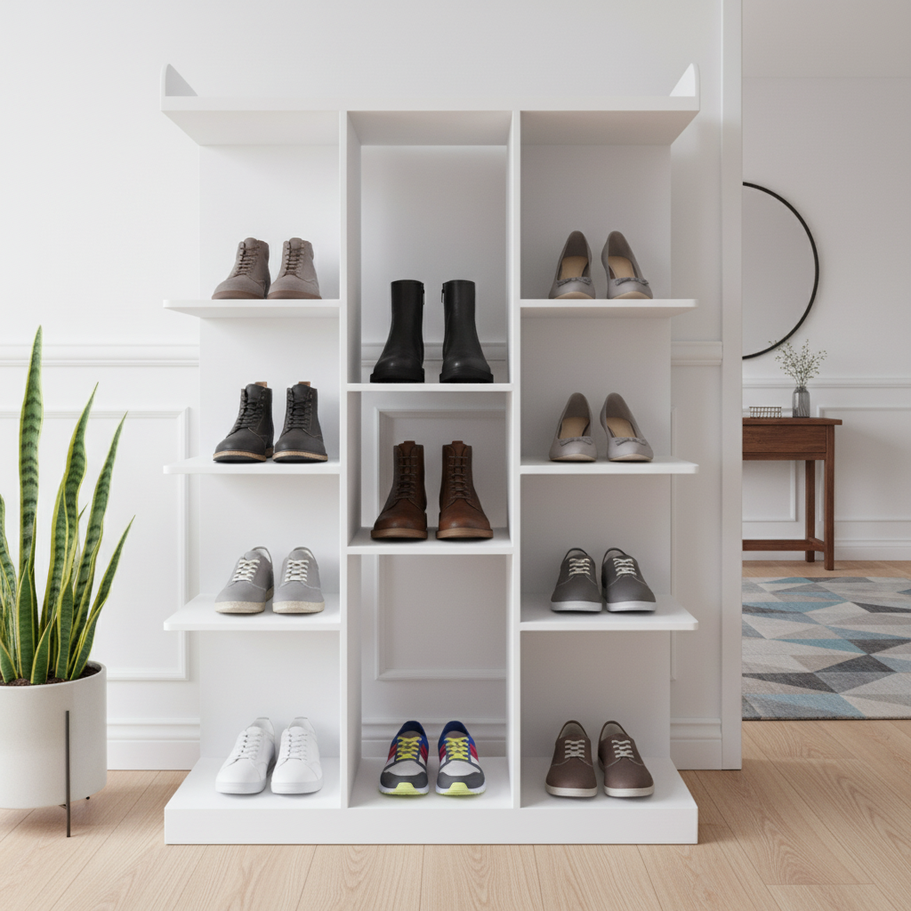 Modern Space-Saving White Shoe Rack with Drawer | Multi-Tier Entryway Organizer | Perfect for Boots & Heels