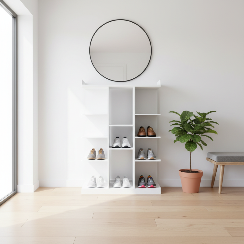 Modern Space-Saving White Shoe Rack with Drawer | Multi-Tier Entryway Organizer | Perfect for Boots & Heels