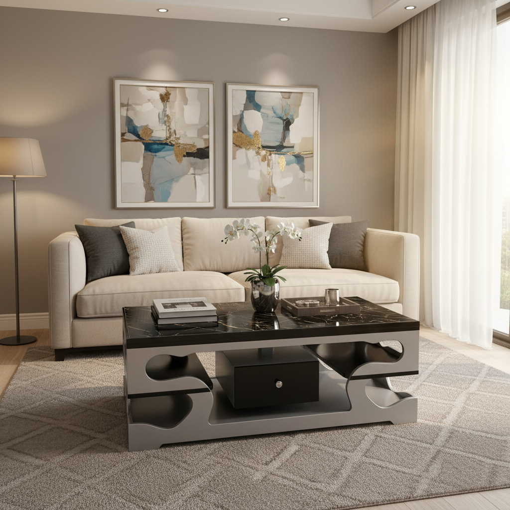 HAVENTECH Marble Top Coffee Table Elegant With Drawers for Living Room (Black and Gray) and (White)