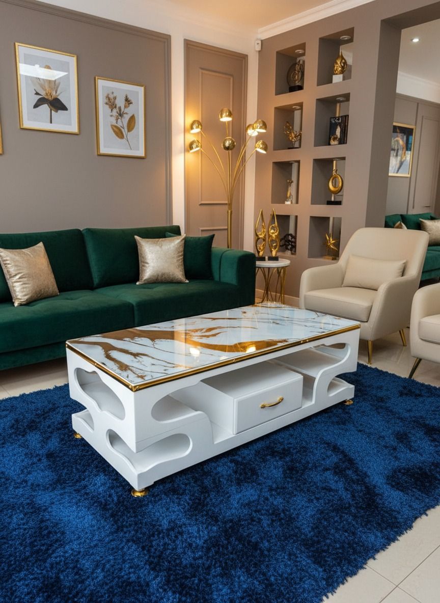 HAVENTECH Marble Top Coffee Table Elegant With Drawers for Living Room (Black and Gray) and (White)