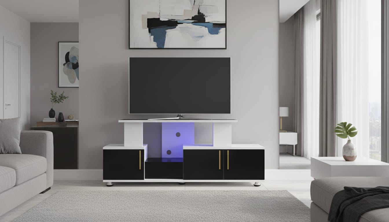 HAVENTECH TV Stand 4FTS Wooden Led Light with cabinets for storage for your Living room Black and White