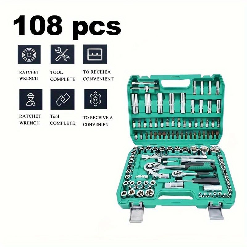 108pcs 1/2" 1/4" Socket and Drive Tool Set Mechanics Tools Kit Sockets Ratchet Wrench Set Metric Drive Socket Set, 1/2" 1/4" Drive Sizes with Plastic Toolbox