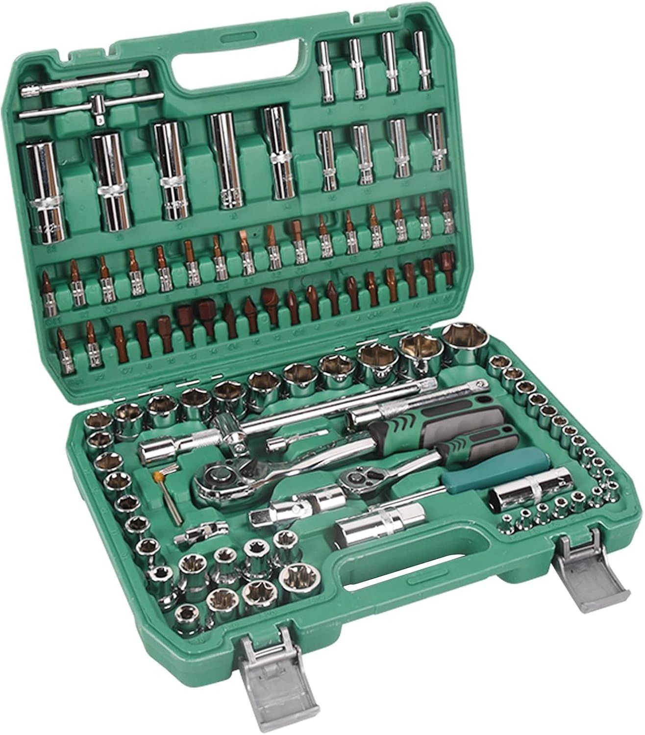 108pcs 1/2" 1/4" Socket and Drive Tool Set Mechanics Tools Kit Sockets Ratchet Wrench Set Metric Drive Socket Set, 1/2" 1/4" Drive Sizes with Plastic Toolbox