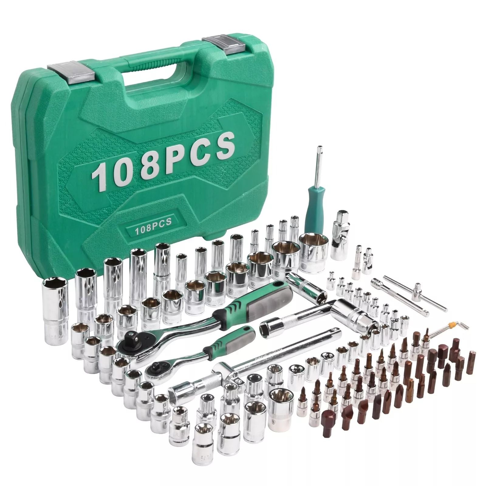 108pcs 1/2" 1/4" Socket Drive Tool Set Mechanics Tools Kit Metric Drive Socket