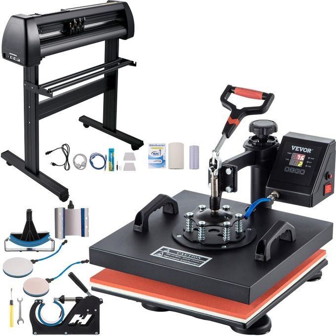 Combo Professional All-in-One Branding Kit Ideal for Small Businesses & Creative Startups 8-in-1 Heat Press Machine (12"x15") + 2 Feet Vinyl Cutter Plotter