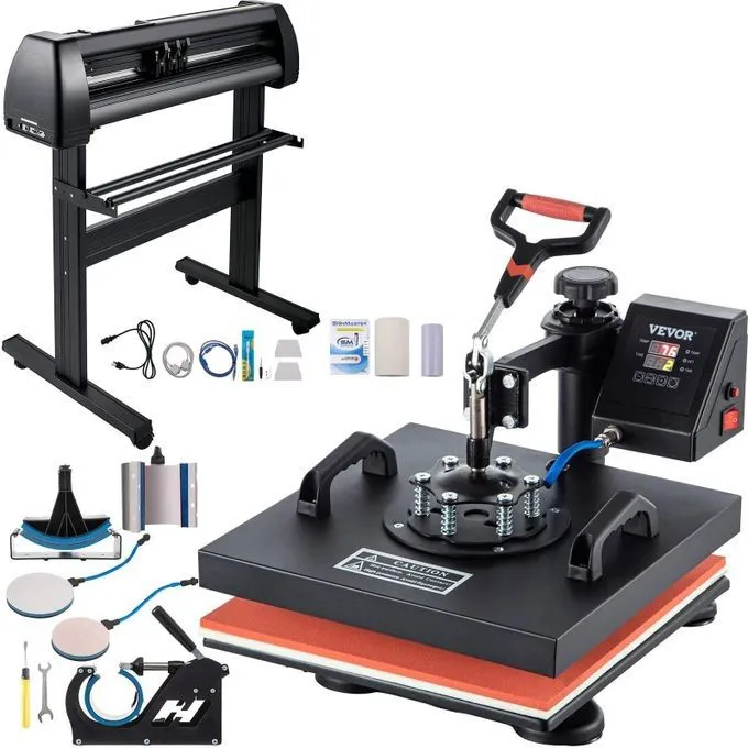 Combo Professional All-in-One Branding Kit Ideal for Small Businesses & Creative Startups 8-in-1 Heat Press Machine (12"x15") + 2 Feet Vinyl Cutter Plotter