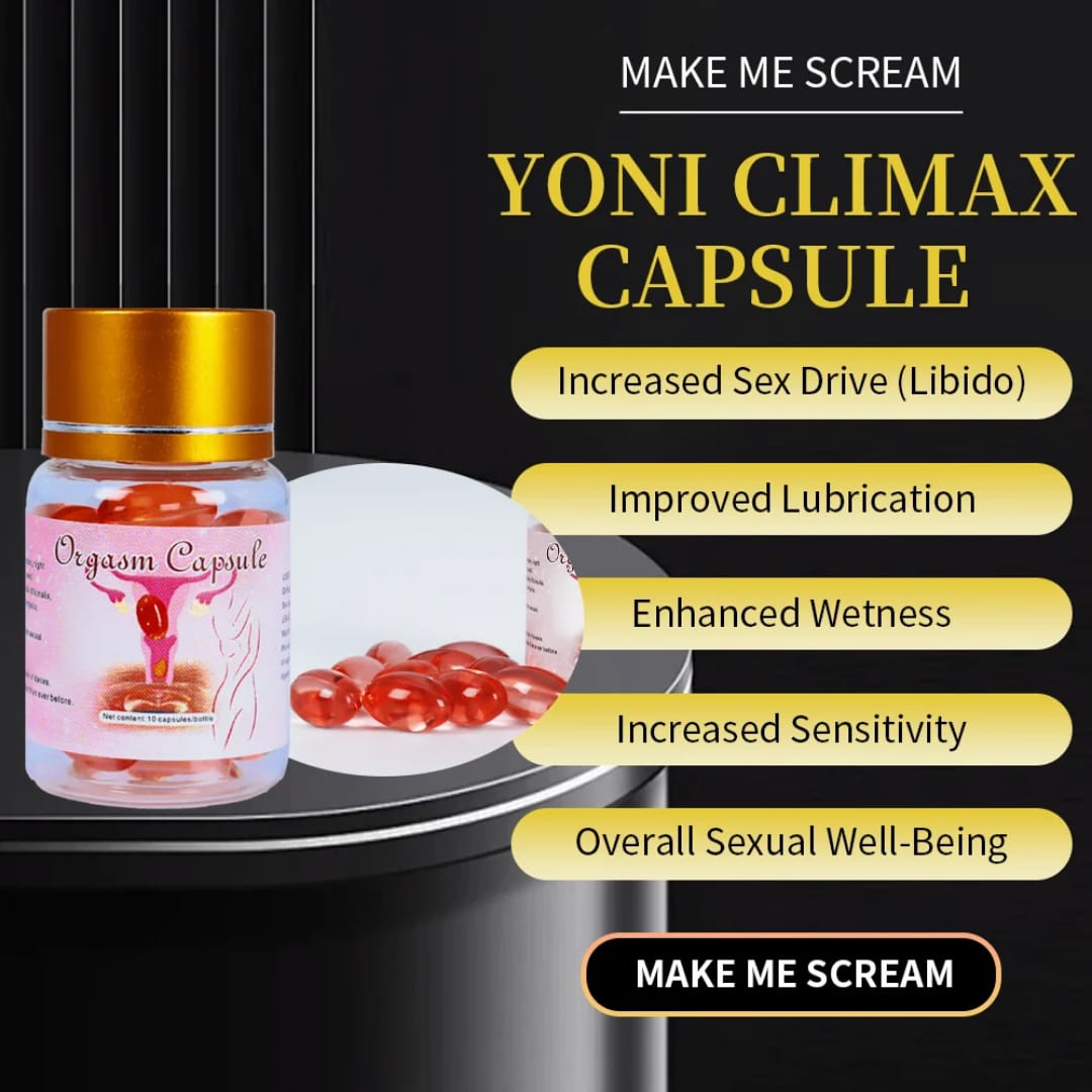 YONI ORGASM CAPSULES;ENHANCES ORGASM INTENSITY, TIGHTNESS EFFECT,   CREATES TOTAL BODY RELAXATION & MENTAL EASE   HEIGHTENS VULVA SENSITIVITY INCREASES DESIRE, MOOD & CONFIDENCE LIBIDO BOOSTER
