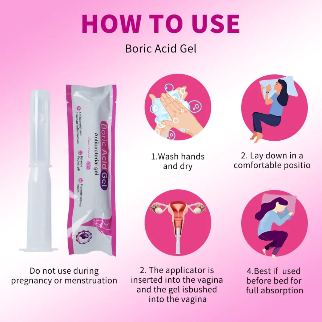 VAGINAL BORIC ACID GEL MOISTURIZER BALANCES PH ,ODOR CONTROL, RELIEVES ITICHINESS AND INFECTIONS GIVES YOU AN INSTANT FRESHNESS AND FEMININE WELLNESS