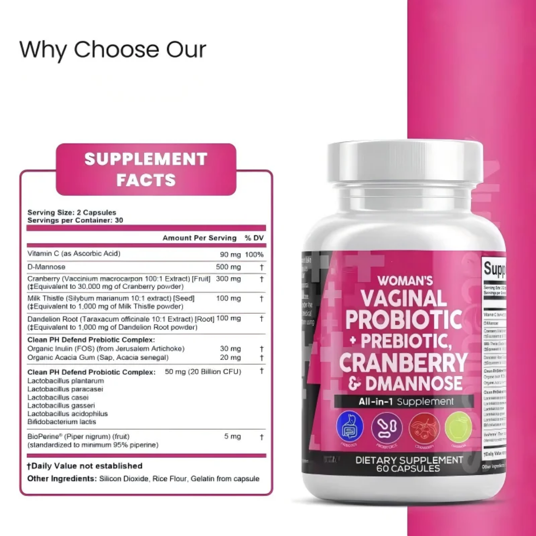 ALL  IN ONE VAGINAL  PROBIOTIC CAPSULES CRANBERRY & DMANNOSE SUPPLEMENT Reduces Yeast & Bacterial Infections  minimize the occurrence of yeast infections and bacterial vaginosis