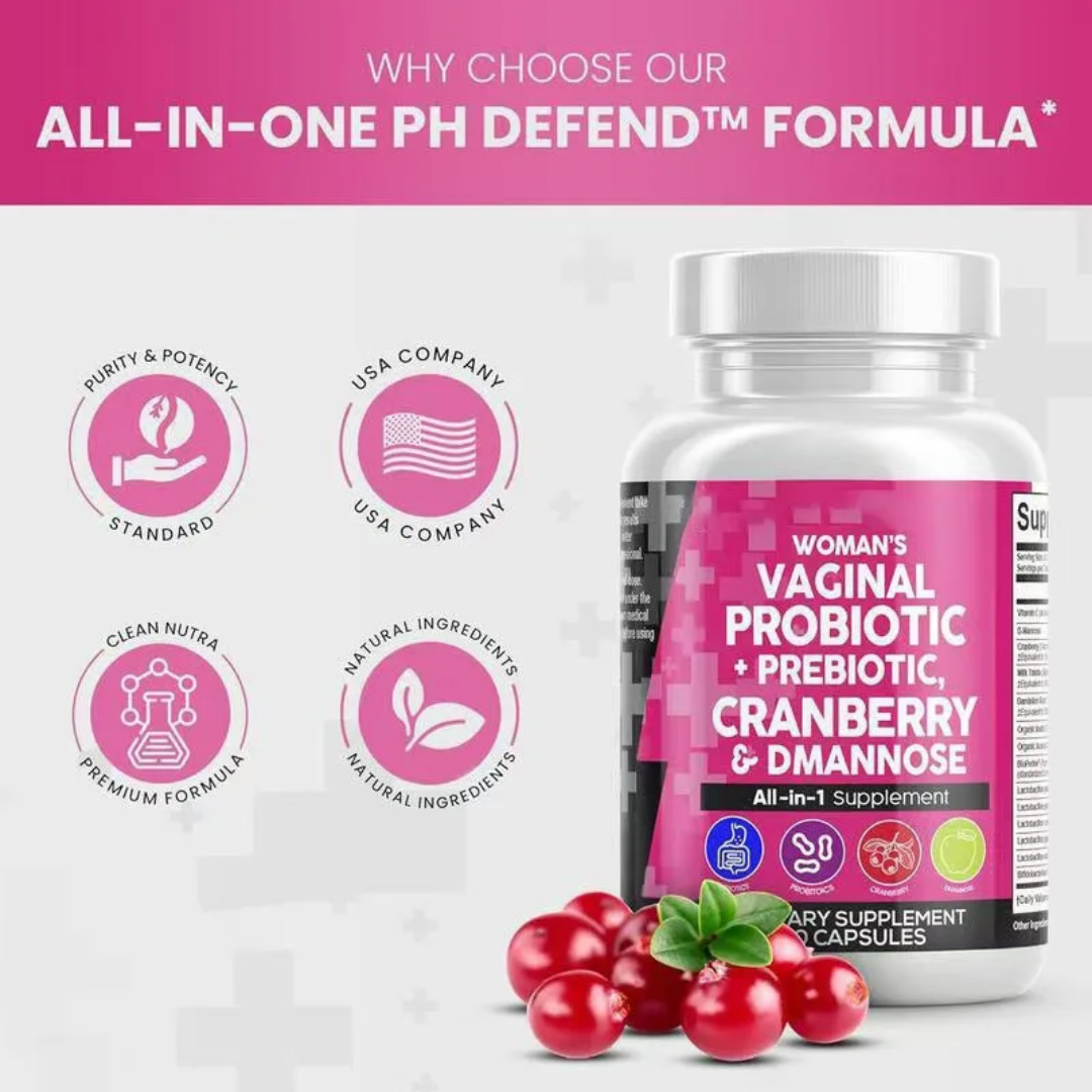 ALL  IN ONE VAGINAL  PROBIOTIC CAPSULES CRANBERRY & DMANNOSE SUPPLEMENT Reduces Yeast & Bacterial Infections  minimize the occurrence of yeast infections and bacterial vaginosis