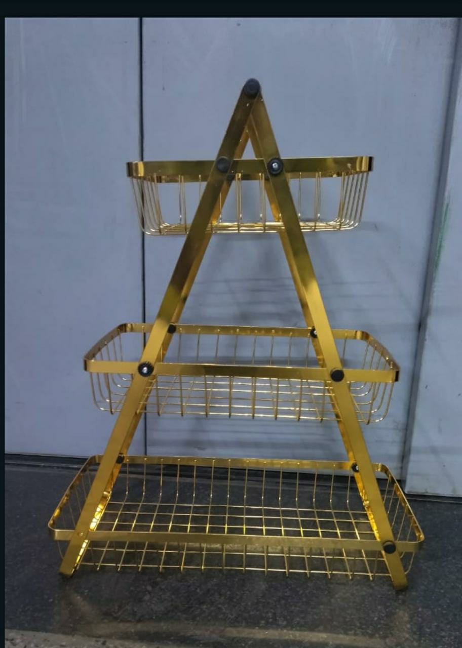3 Tier Metalic Multi Purpose Storage Basket GOLDEN.The Basket is perfect for holding both fruits and vegetables, keeping your space organized and doesn't take up too much countertop space. The open wi