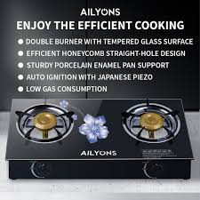 🕳✨️Enjoy Efficient Cooking🕳✨️AILYONS GS014-4, 2 Burner Glass Top Gas Cooker & Infrared Double Burner, (1 YR WRTY).Tempered Glass Surface
Auto Ignition with piezo
Whirlwind burner for more durability