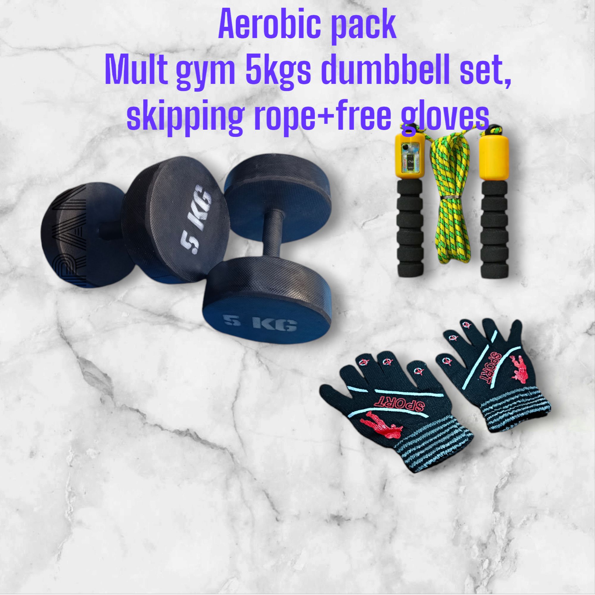 5kgs dumbbell +skipping rope free sport gloves... ( aerobic pack)( Easter offer!!!)