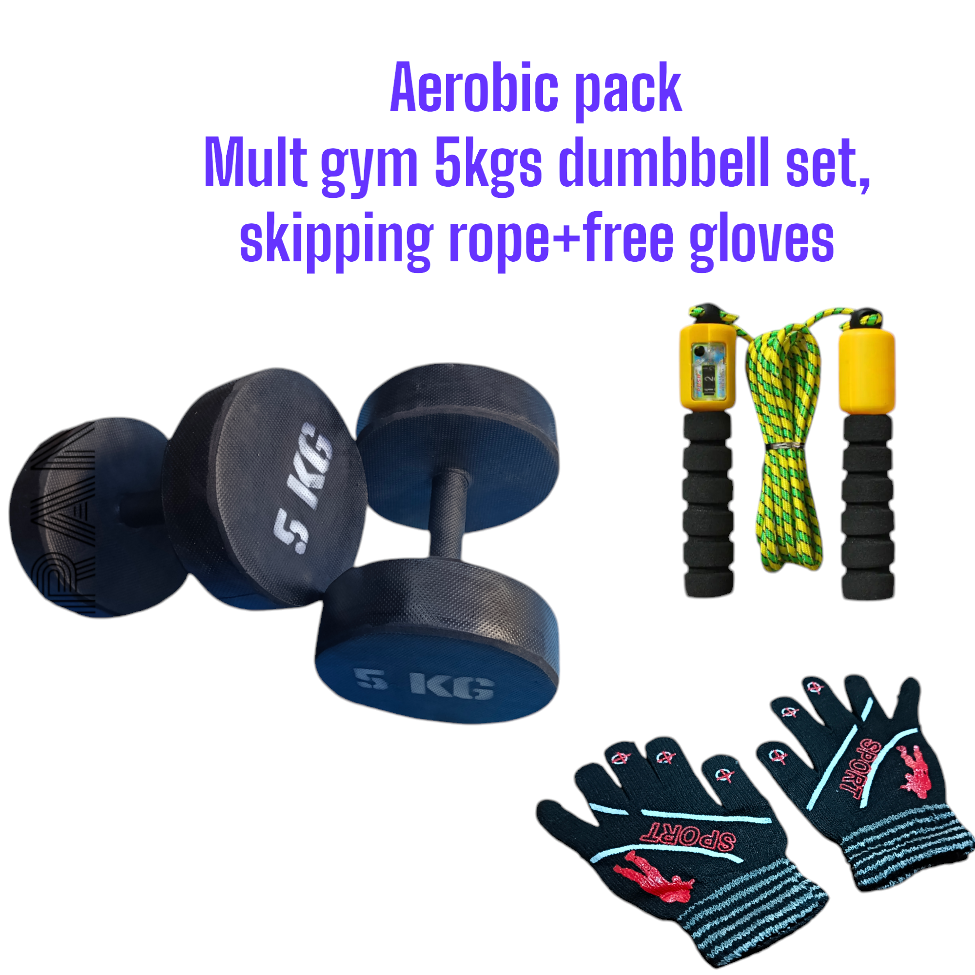5kgs dumbbell +skipping rope free sport gloves... ( aerobic pack)( Easter offer!!!)