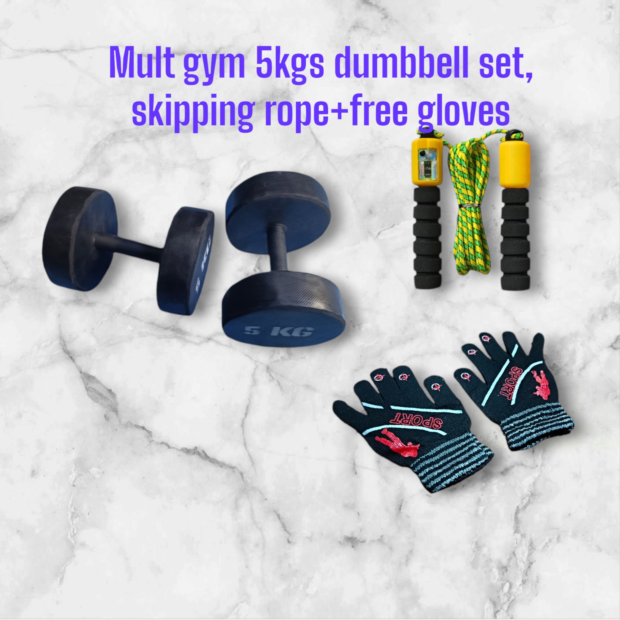5kgs dumbbell +skipping rope free sport gloves... ( aerobic pack)( Easter offer!!!)