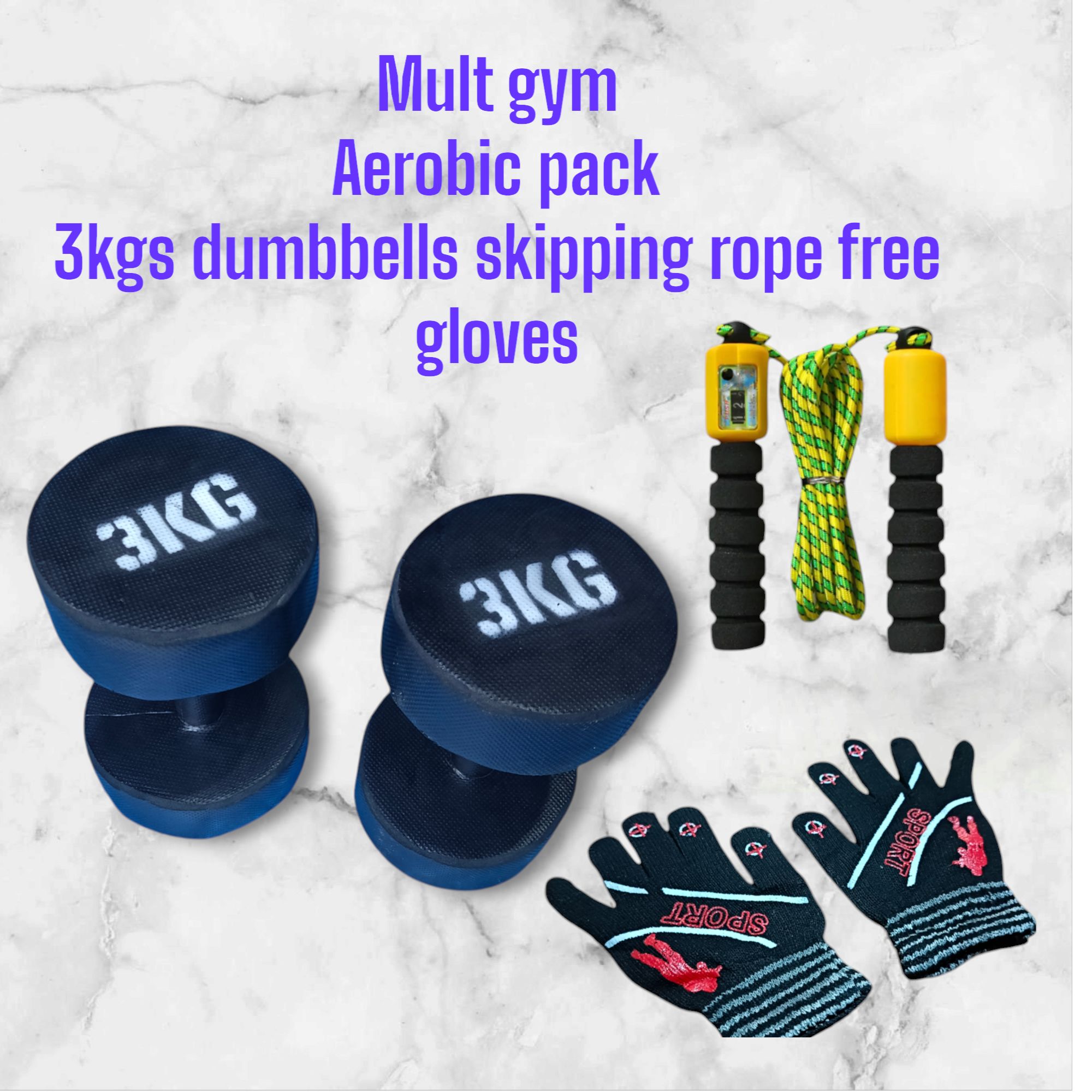 Aerobic pack... Set of 3kgs dumbbells skipping rope and free gloves