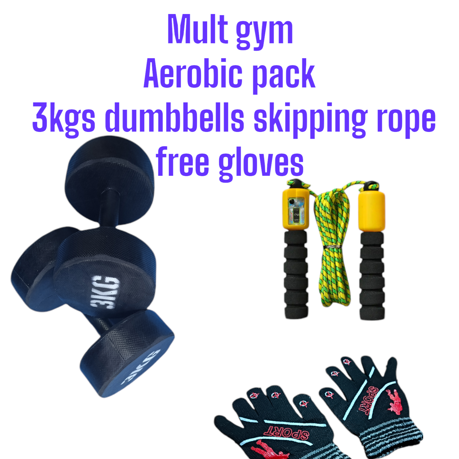 Aerobic pack... Set of 3kgs dumbbells skipping rope and free gloves
