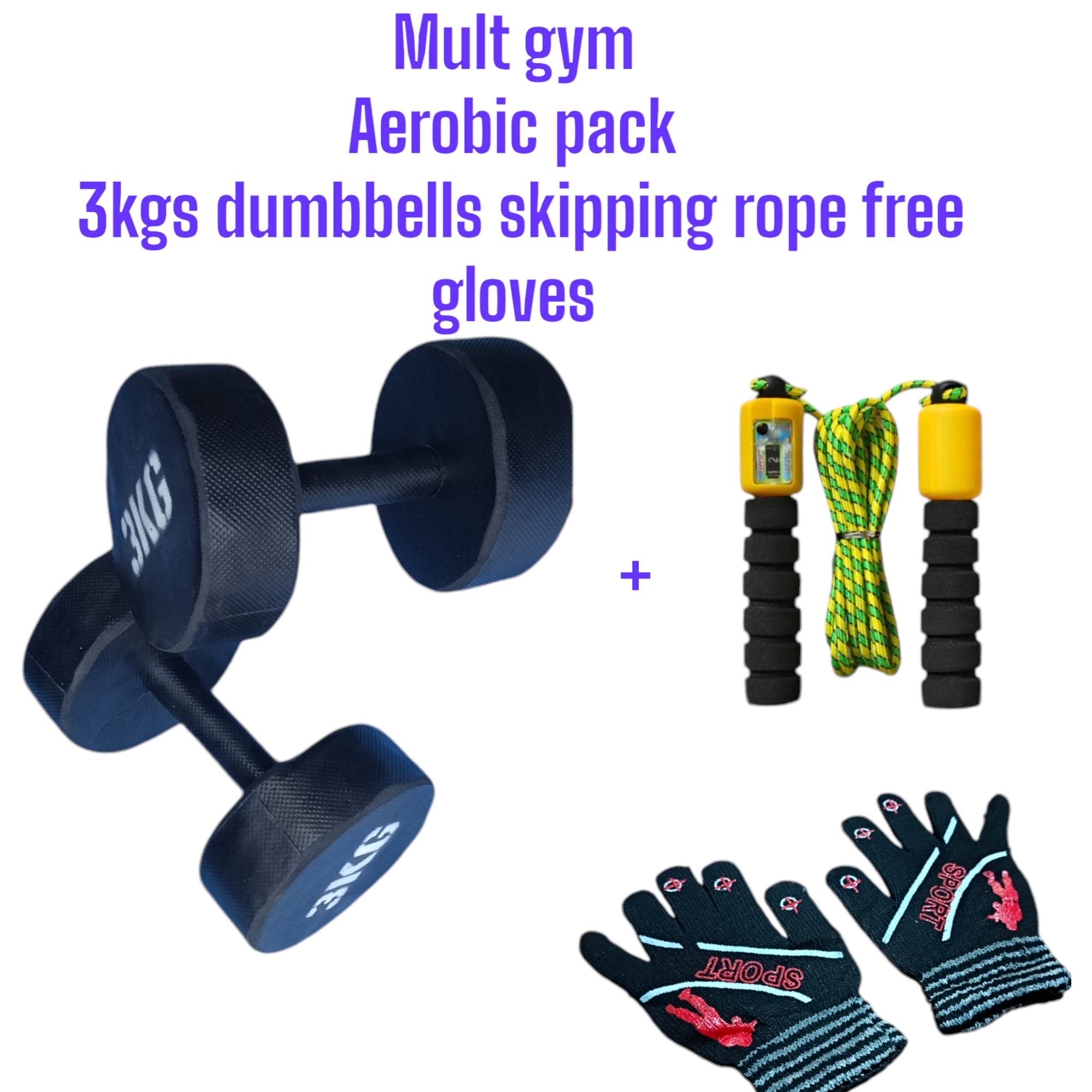 Aerobic pack... Set of 3kgs dumbbells skipping rope and free gloves