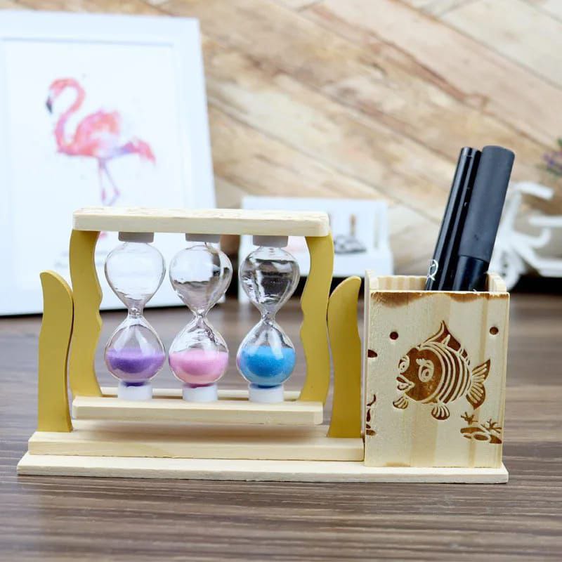 Handcrafted Wooden Pen Stand with 3 Hourglass Timers Multicolor Sand, Spacious Holder Desk Organizer & Artistic Decor (19x5x10cm)
