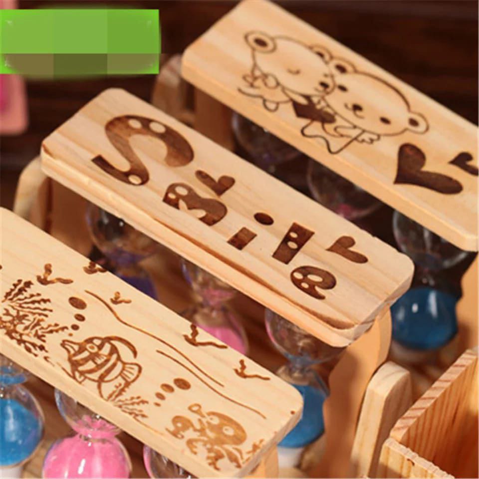 Handcrafted Wooden Pen Stand with 3 Hourglass Timers Multicolor Sand, Spacious Holder Desk Organizer & Artistic Decor (19x5x10cm)