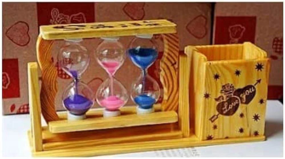 Handcrafted Wooden Pen Stand with 3 Hourglass Timers Multicolor Sand, Spacious Holder Desk Organizer & Artistic Decor (19x5x10cm)