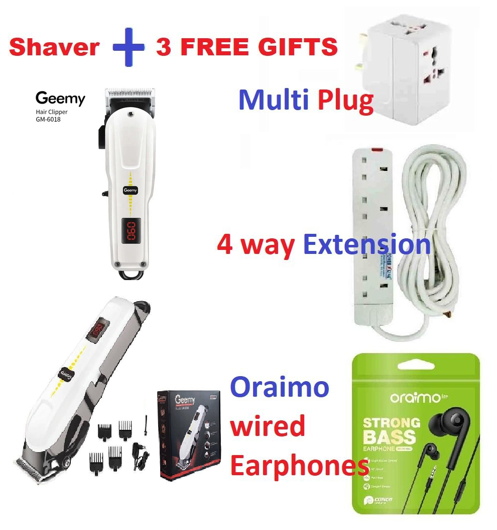 [3 GIFTS OFFERS] Geemy Shaving Machine / Wireless Shaving Machine-Kinyozi COMES WITH A FREE (Four Way Power Extension, Power Multy Plug AND ORAIMO Earphones)