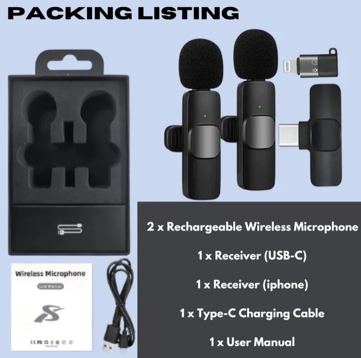 New Wireless Dual Bluetooth Microphone Portable Audio Video Recording Mini Mic for Phone Live Broadcast Gaming Phone Mic Black Type-C