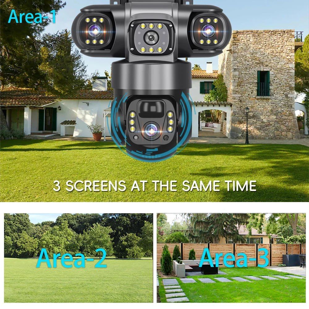 Outdoor WiFi IP Camera Triple Lens Triple Screens Security Video Monitor Night Vision Waterproof, Three Screens, PIR Human Detection, Solar Powered CCTV Security Camera