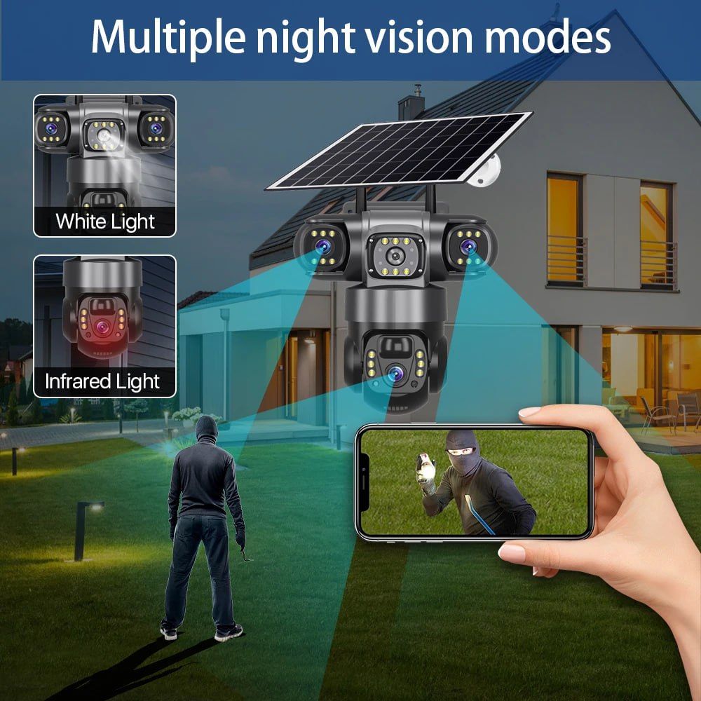 Outdoor WiFi IP Camera Triple Lens Triple Screens Security Video Monitor Night Vision Waterproof, Three Screens, PIR Human Detection, Solar Powered CCTV Security Camera