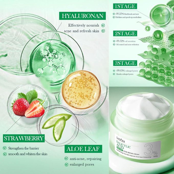 SADOER Salicylic Acid Repair Cream,Salicylic Acid Face Moisturizer,Pore Shrinkage Acne Skin Improves Acine Scars Motsturizing,Suitable for Oily, Acne Prone Skin