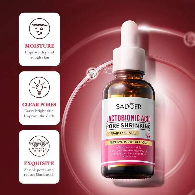 SADOER Lactobionic Acid Essence, Face Shrink Pores Serum Oil, Soften Anti-Aging Wrinkle Skin Facial Serum, Can Remove Blackheads Acne, Fine Pores and Refine the Skin