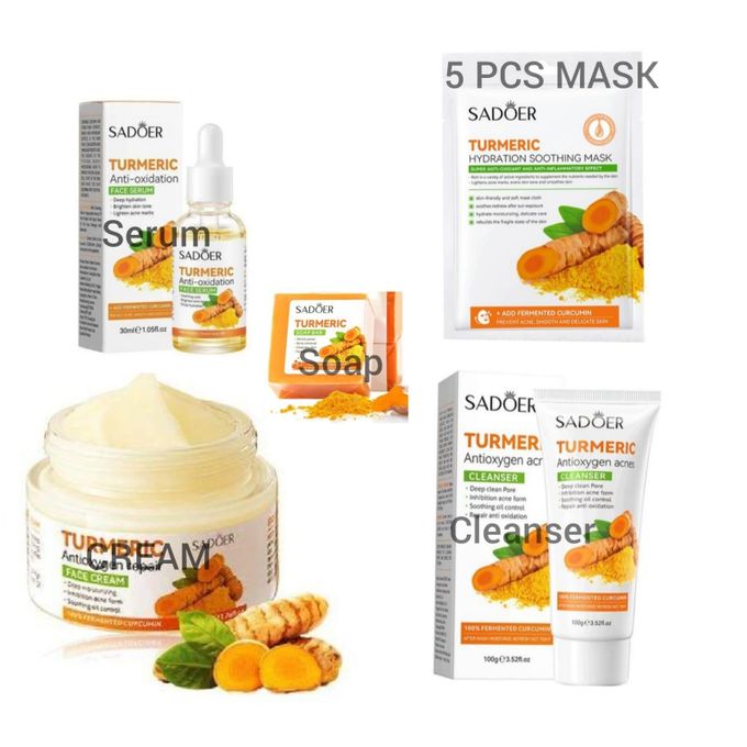 SADOER 9 Pieces Set Tumeric moisturizing and skin glowing Skin Care Set: Turmeric Face Cream + Serum + 5 Face Masks + Face Cleanser For Treating Dark Spots, Anti-wrinkles, Smoothening Face & Improving