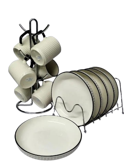 😝🥰AMAZING OFFER PRICE 👏 6 Mugs 8" Dinner Plates Set.Mugs: 6 pieces, ribbed design Dinner Plates: 6 pieces, 8 inches in diameter Color: Creamy white with a black rim