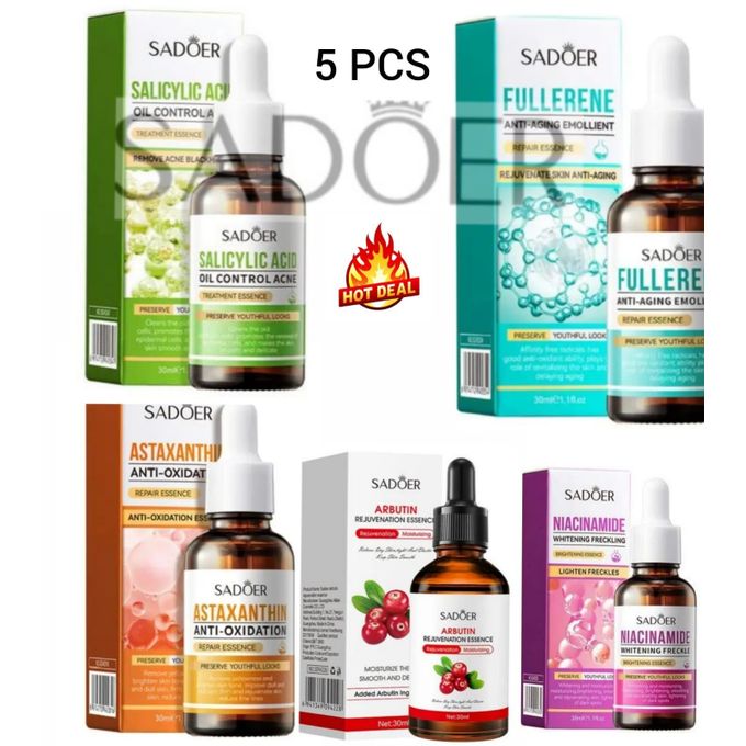SADOER 5 in 1 PAck Anti Acnes Salicylic Acid Essence, Oil Control+ Fullerene Anti Aging Rejuvenate Repair Essence+Skin Rejuvenating Alpha Arbutin Serum+ Astaxanthin Anti-Oxidation Deep Hydrating Face