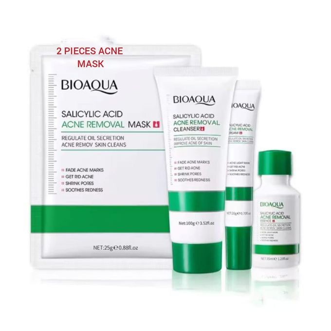 BIOAQUA 5 Pieces Acne Set Treatment Salicylic Acid Kit, 2 Pieces Face Mask + Face Cleanser +Salicylic Essence + Salicylic 20g Cream SkinCAre Routine
