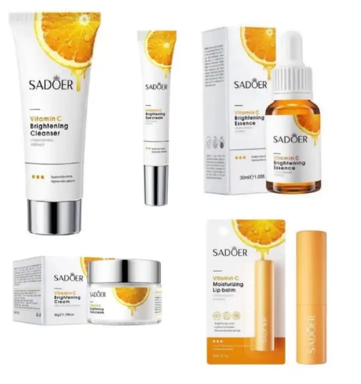 OFFER SADOER 5Pcs Skincare Vitamin C Whitening Skin Care Set: Face Cream + Serum + Eye Cream +Lip Balm & Cleanser Reduce Wrinkles, Smoothens Face, and Improves Skin Texture Set