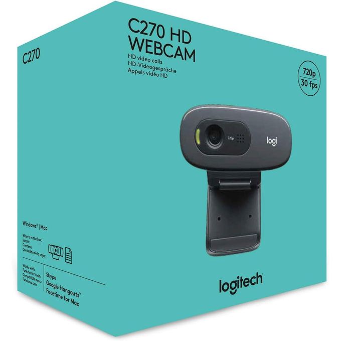 Logitech C270 HD Webcam, HD 720p/30fps, Widescreen HD Video Calling, HD Light Correction, Noise-Reducing Mic, Streaming, For Skype, FaceTime, Hangouts, WebEx, PC/Mac/Laptop/Macbook/Tablet - Black