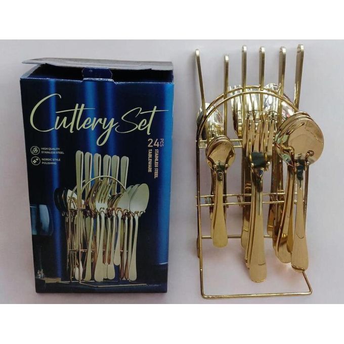 Luxury 24-Piece Stainless Steel Gold Cutlery Set for Elegant Dining – Includes Knives, Forks, Spoons, and Teaspoons – Rust Resistant, Durable, and Perfect for Home, Parties, or Gifts
