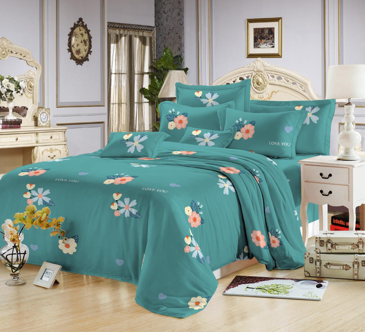 4pcs Luxury Style Cotton Microfiber Duvet Cover Sets (One Duvet Cover, 2 Pillow Covers or Cases and One Bedsheet) Bedding Set,Available in different Designs.