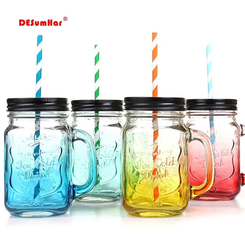 Generic Mason Jar Glass Cup Smoothie Cup With Lid and Straw(500ml),  For milkshake, coffee,  cocktail, milk