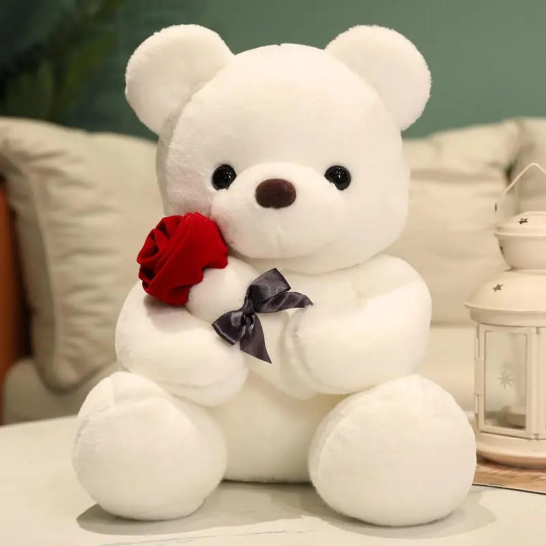 Valentine's Special Cute Plush Fluffy Soft Huge Heartwarming Teddy Bear with rose flower(60cm ), best for your loved one,baby and girlfriends