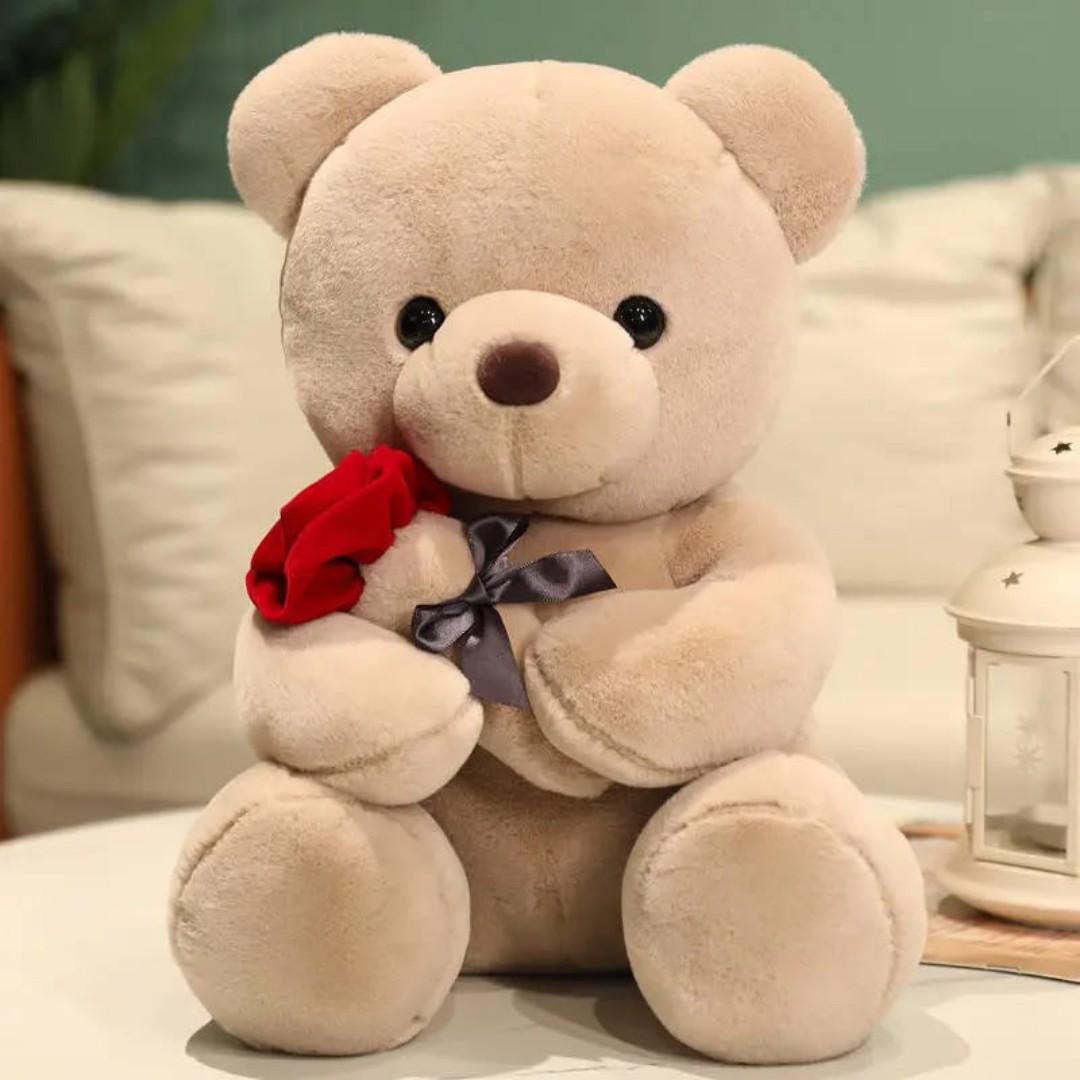 Valentine's Special Cute Plush Fluffy Soft Huge Heartwarming Teddy Bear with rose flower(60cm ), best for your loved one,baby and girlfriends