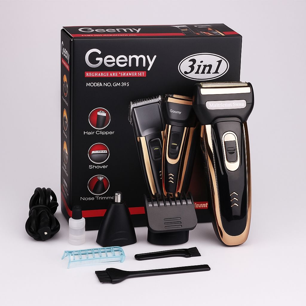 Geemy GM-395 3-in-1 Rechargeable Shaver Set! ✨💇‍♂️  
This sleek and powerful kit includes a hair clipper, shaver, and nose trimmer – all in one compact package. 🔌🔋 With precision blades